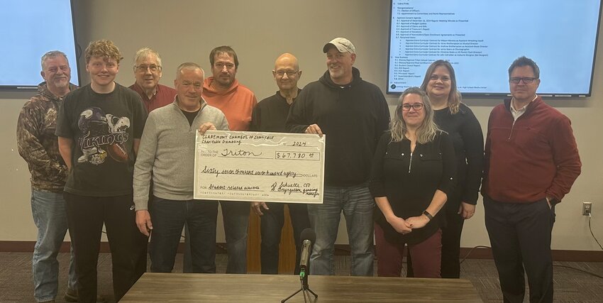 Left to right: Dale Jensen (board member), Corey Lilledahl (student council president), Lloyd Henslin Jr. (board member), Dean Schuette (Claremont Chamber of Commerce), Brian Ginder and Jim Jensen (board members), Damon Bryngelson (Claremont Chamber of Commerce), Wendy Kenworth (board chair) Rebecca Knutson (board vice-chair) and Scott Curran (board member)