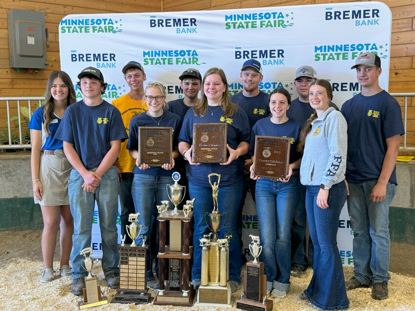 Back row left to right: State FFA Officer, Matthew Scheffler, Ryan Rechtzigel, Buck Oeltjenbruns, Derek Syverson, Cody Ostertag, Front row left to right: Brady Wetzstein, Evelyn Scheffler, Julia Patterson, Brooklyn O&rsquo;Brien, Sophia Poquette