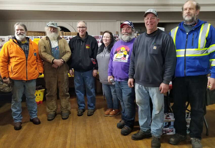 7 of the 8 Poncelet siblings attended and helped at the Whiz-N Day event at the Bellechester Community Center. Their father once owned a Massey Ferguson dealership, manufacturer of the Ski Whiz snowmobile brand.  (L-R) Eugene, Kevin, David, Leah, Joe, Dan and Gerard.  Missing is Margie who lives out of state.