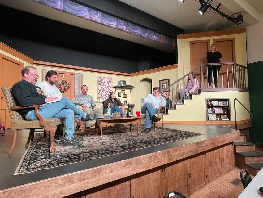 The "Rumors" cast rehearses a scene at the historic Opera House in Mantorville. The comedic farce by Neil Simon runs March 21-April 6. Friday and Saturday at 7 and Sunday at 2.