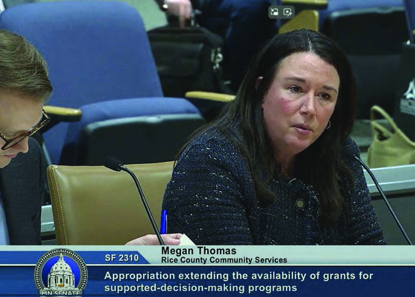Megan Thomas, Rice County Adult Services Manager, testifies before the Minnesota Senate Human Services Committee, endorsing a bill that would ensure unspent funds intended to help launch supported decision-making programs across the state can be used for that purpose in 2026.