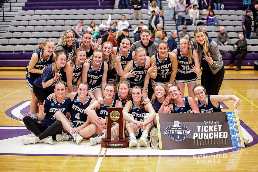 UW-Stout Blue Devil women's basketball celebrates their win in the NCAA Elite Eight as they advance to the Final Four for the first time in program history.