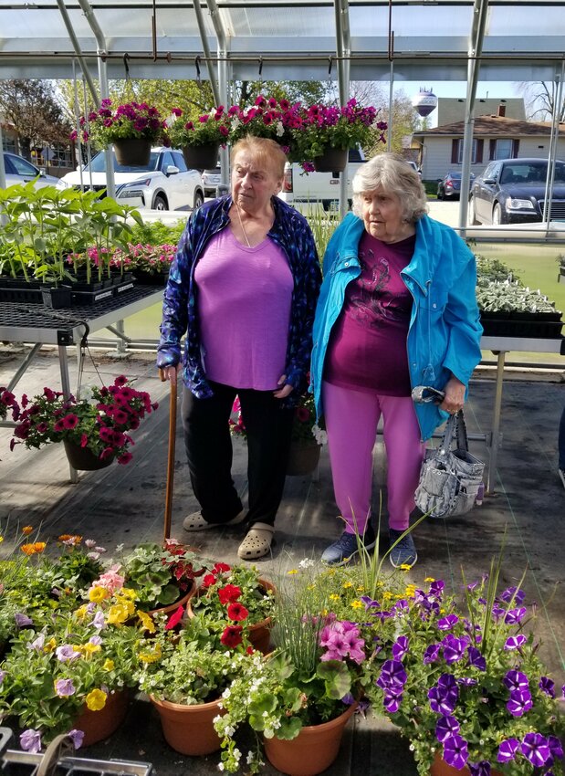 Sisters, Paulette Meyer (left) and Mary Jean Carlson contemplate all the flower choices in the Goodhue FFA greenhouse on May 8th.