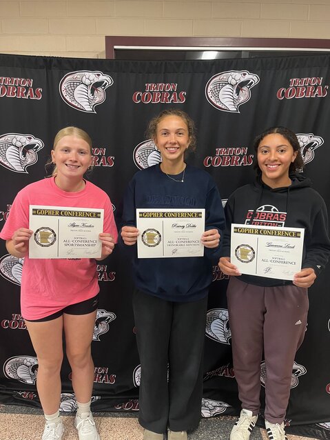 Congratulations to these three ladies who earned all conference honors this spring in softball. From left to right, Ally Knudson (12th) received the sportsmanship award for the Gopher Conference, Rainey Dobbs (11th) received All Conference Honorable Mention for the 2nd year in a row, and Gigi Lundi (12th) was awarded All Conference this season. All three were not only statistically great players for us this spring, but positive team members that helped build a strong culture.
