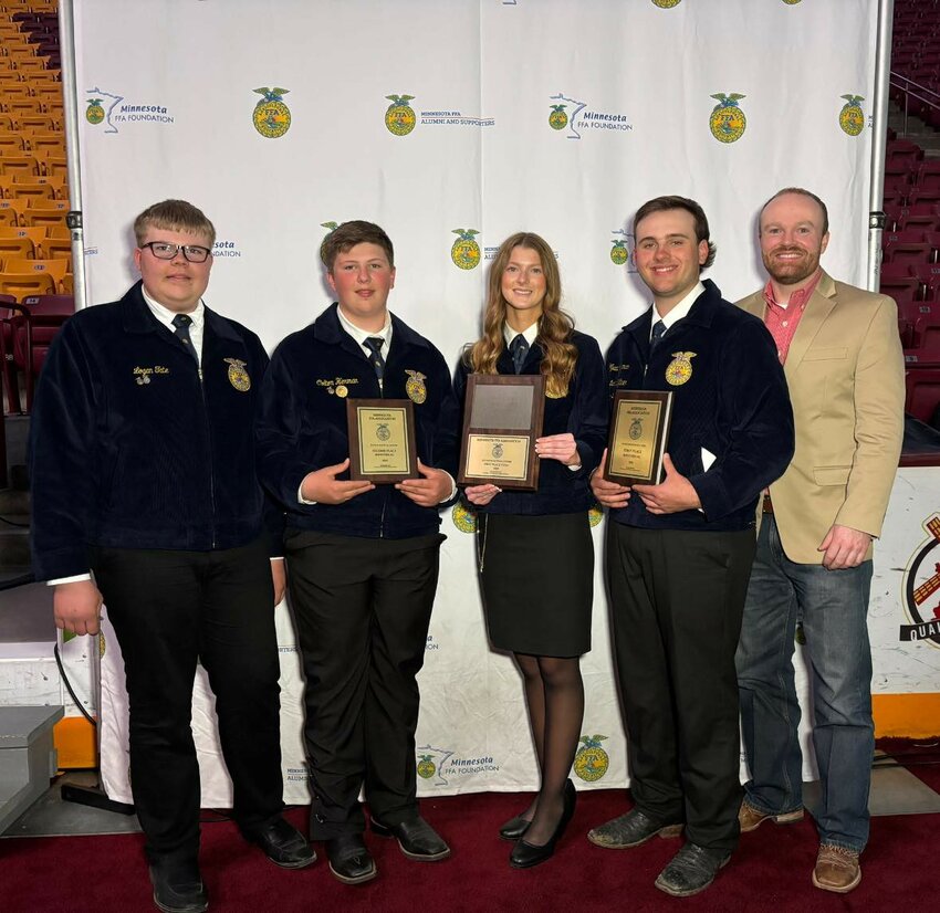 General Livestock Evaluation Team Place 1st
Logan Tate, Colton Herman, Maria Hegland, Wyatt Herman and Coach Matt Duff. Placed first in General Livestock CDE, Wyatt placed 1st Individual, Colton 2nd place Individual and Logan 4th place overall.