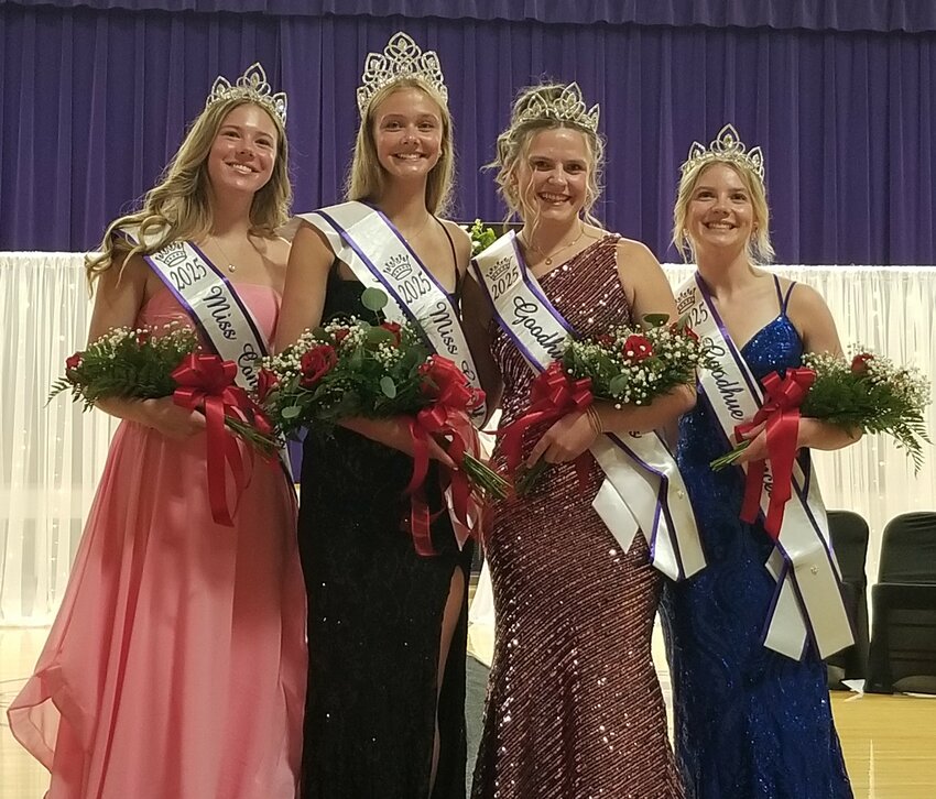 (L-R) 2025 Miss Congeniality, Sophia Lodermeier; Miss Goodhue, Libby Thomforde; Attendants Leetta O'Reilly and Macy Voth.
