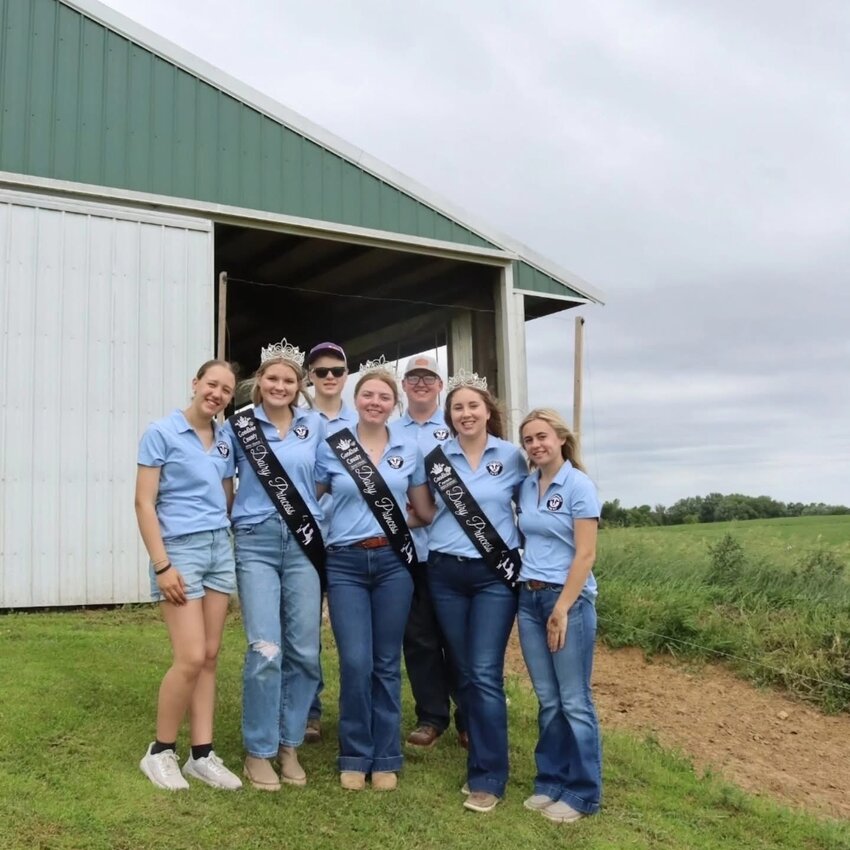 Goodhue County Dairy ambassadors and princesses gather to promote the dairy industry and Goodhue County dairy farmers. L to R: Eleanor O'Reilly, Chloe Sjoquist, Garrett Pearson, Jenna O'Reilly, Troy Clementson, Natalie Clementson, and Hannah Gutkneckt.