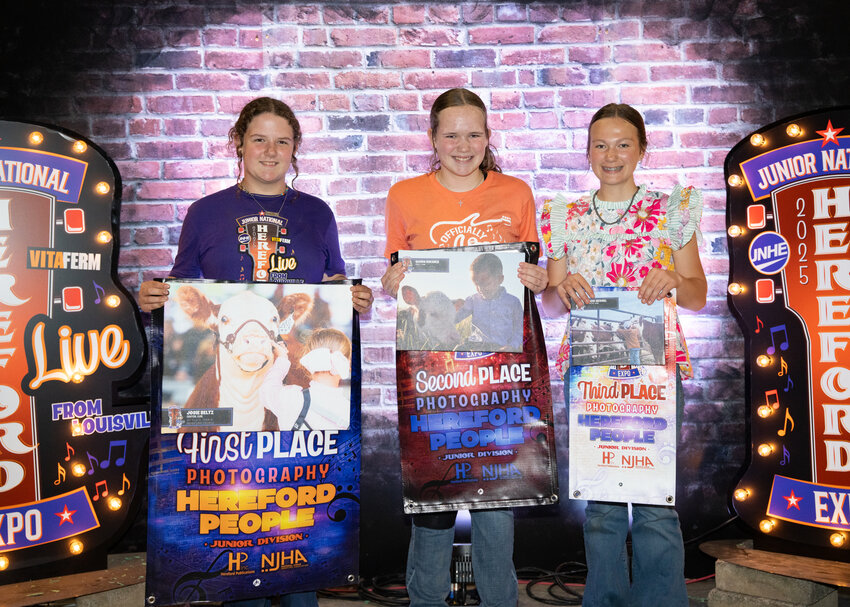 Junior photography contest Hereford people division winners (l to r): first, Josie Beltz, Canton, Kan.; second, Quinn Breiner, Pratt, Kan.; third, Maddi Beissel, Hampton, Minn.