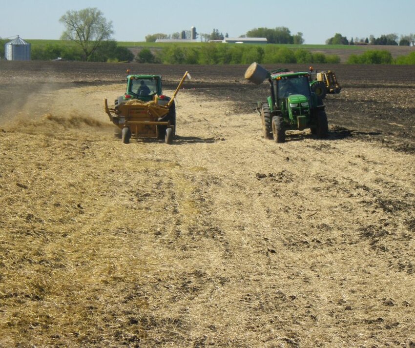 A newly constructed grassed waterway is seeded and mulched in Rice County.