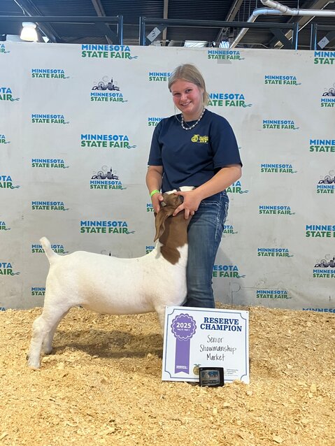 Sydney Rysavy was named Reserve Champion Senior Showmanship at the 2025 MN FFA State Fair Goat Show.