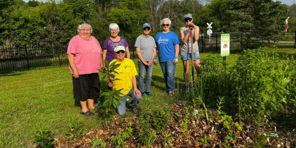Members of the Partners for Pollinators group planted an addition to the Virtues Park native pollinator garden. From left to right: Pat Rice, Emily Nesvold, Elizabeth Hartman, Elise Helland, Susanne Erickson. Kneeling: Pauline Schrieber. Missing: Susanna McDowell, Lisa Dudley, and Teresa DeMars