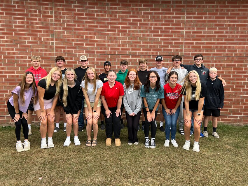 First Row: Taryn Bartel (Junior), Addison Lindell, Bella Greseth, Audrey Haugen, Ava Flom, Elsie Braaten, Holly Carlstrom, Gara Calvo Garcia (Foreign Exchange Student), Ruby Sjoblom (Sophomore), Missing from Photo: Stella Haugen (Freshman).  Second Row: Jaydan Carroll (Junior), Rylee Groth (Sophomore), Derek Syverson, Ryan LaCanne, Owen Caron, Bryan Jacobson, Luke Johnson, Brennan Flotterud, Riccardo Bandera (Foreign Exchange Student), Gus Bakken (Freshman)