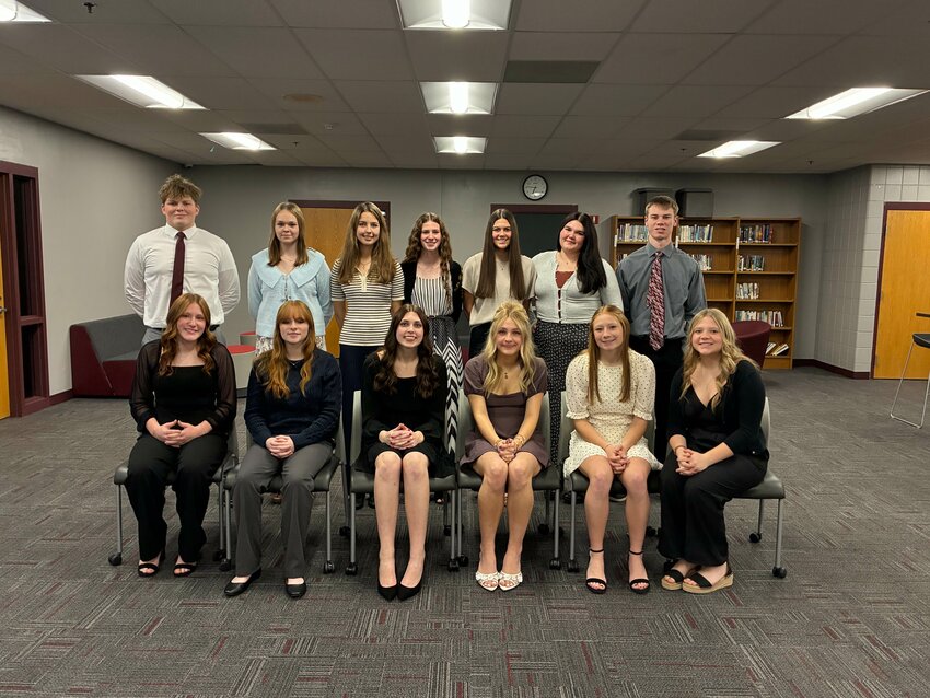 New members from left to right in the front row: Jaiden Baumgartner, Genevieve Starkson, Mya  Matejcek, Lydia Madison, Reagan Essig, Sabree Runnells. Back row, left to right: Aidan Lutterman, Emma  Kruckeberg, Viktoriia Kundel, Autumn Froyum, Aidree Van Beek, Nallah Cain, Neven Horejsi.