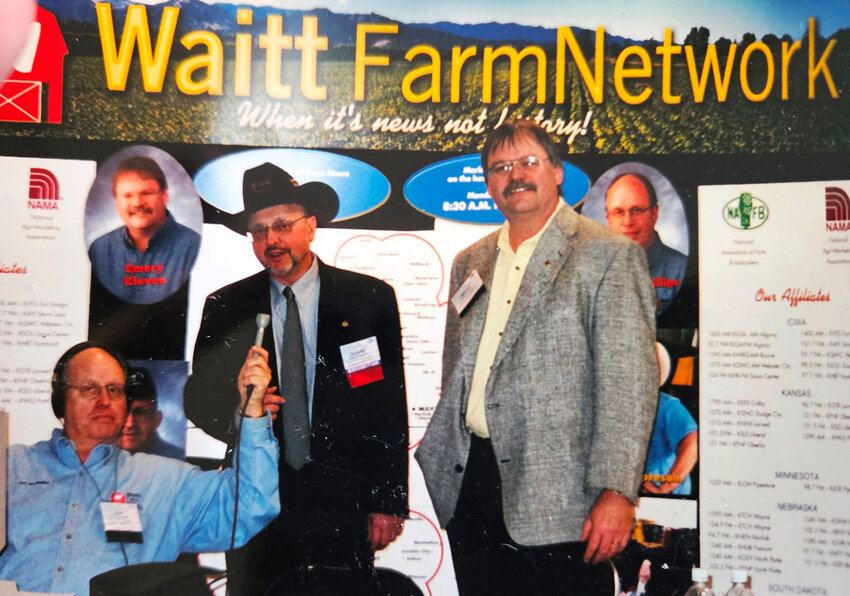 Col Jon Phillips and Emery Kleven at one of their many 'on location' broadcasts.  Col and Emery worked together off and on from 1990 through 2018 broadcasting for KMNS Radio in Sioux City along with the Waitt Farm Network in Omaha and others.