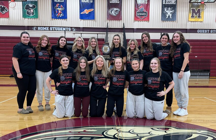 2025 Triton Varsity with the Gopher Volleyball Conference Champions Trophy    BACK ROW (left to right): Nallah Cain (manager), Jaiden Baumgartner, Mya Matejcek, Claire Stevenson, Addison Oakland, Rainey Dobbs, Brynja Cochran, Kenzie Van Beek, Aidree Van Beek, Elliot Wirkus. FRONT ROW (left to right): Cameron Arneson, Rory Ginder, Kylie Lindquist (manager), Reagan Essig, Keanna Molina, Abby Scudamore. Not pictured:  Nola Behne, Brylee Reniker, Harper Iverson, Sabree Runnells (manager), Maddison Maes
