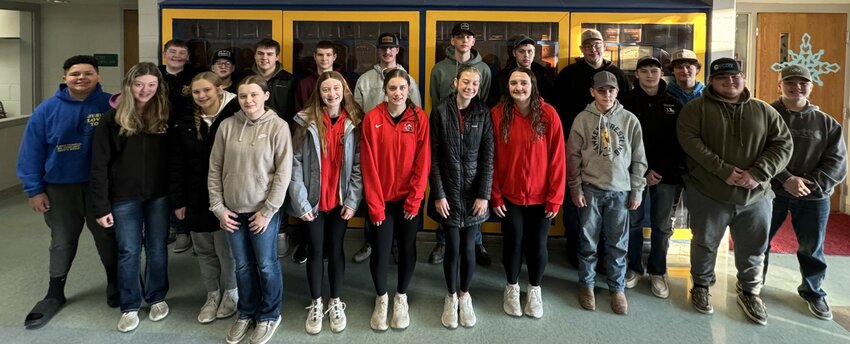 Back row: Mason Allen, Mason Kyllo, Caleb Thorsen, Braiden Johnson, Cody Ostertag, Josh Estrem, Matthew Scheffler, Lukas Gullickson, Daniel Sandberg. Front row: Roman Gura, Madison Quam, Cora Foss, Morgan Laue, Talia Johnson, Eva Jacobson, Hadley Wieme, Anna Ostertag, Carter Sivahop, Ben Scheffler, Jaxson Hedeen, and Chase Cordes
