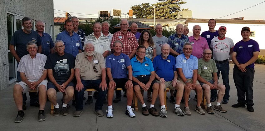 Early Jaycee members attending the July 15th reunion were: (seated L-R) Dale Dicke, Ron Frederixon, Gary Diercks, Randy Kahl, Steve Matthees, Tim O'Reilly, Dennis Schmidt and Dean Opsahl. (standing L-R) Jim Hadler, Ed Gadient, Lyle Dicke, Kevin Ryan, Dave Buck, Paul Ryan, Dan Ryan, Dave Betcher, Val Janka, Bruce McNamara, Dean Rheingans, Rick Janka, Jerry Jenson, current president Sam Hinsch, Chip Krueger, and current member Gavin Hokanson.   Missing from photo, Bill Sutter and Jim Dicke.