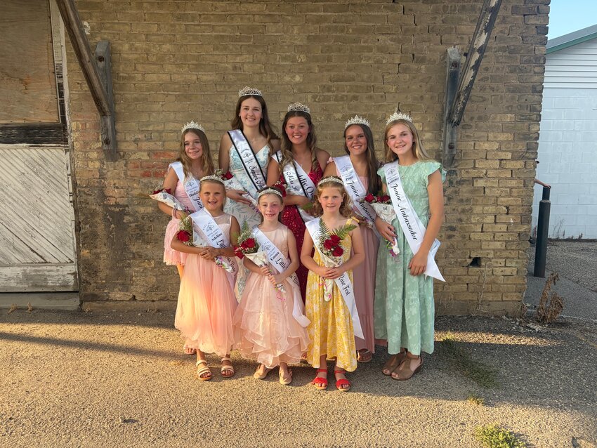 Front row left to right- Little Miss Rose Fest: Adeline Strand, Emma Quam, Isabelle Johnson  Back Row left to right- Junior Ambassador Haddie Breyer, Senior Ambassador Sydney Ehrich, Miss Rose Fest Maddie Quam, Junior Ambassador Page Buchal, Junior Ambassador Kaidence Johnson