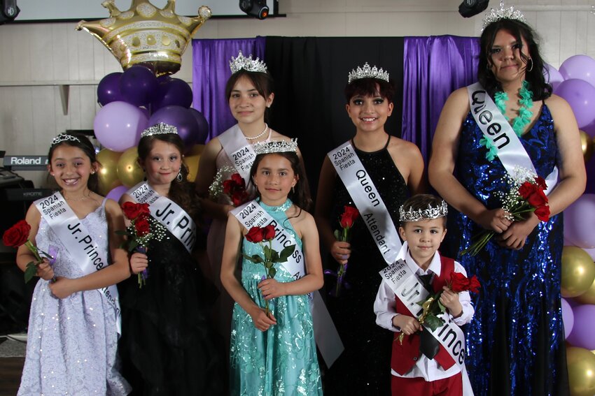 The 2024 Spanish Fiesta royalty poses after being named at an April 13 event. Thirteen local youth competed for the honors. Pictured in back, left to right, are Lillyan Vega, princess; Tesla Morris, queen attendant; and Dazia Villarreal, queen. In front, left to right, are Annissa Chavez, junior princess attendant; Cambria Herrera, junior princess; Ana Romero Gallegos, princess attendant; and Anthony Rodriguez, junior prince. The royalty will represent Spanish Fiesta — set for July 27 — and will help the community throughout the year by performing acts of service.