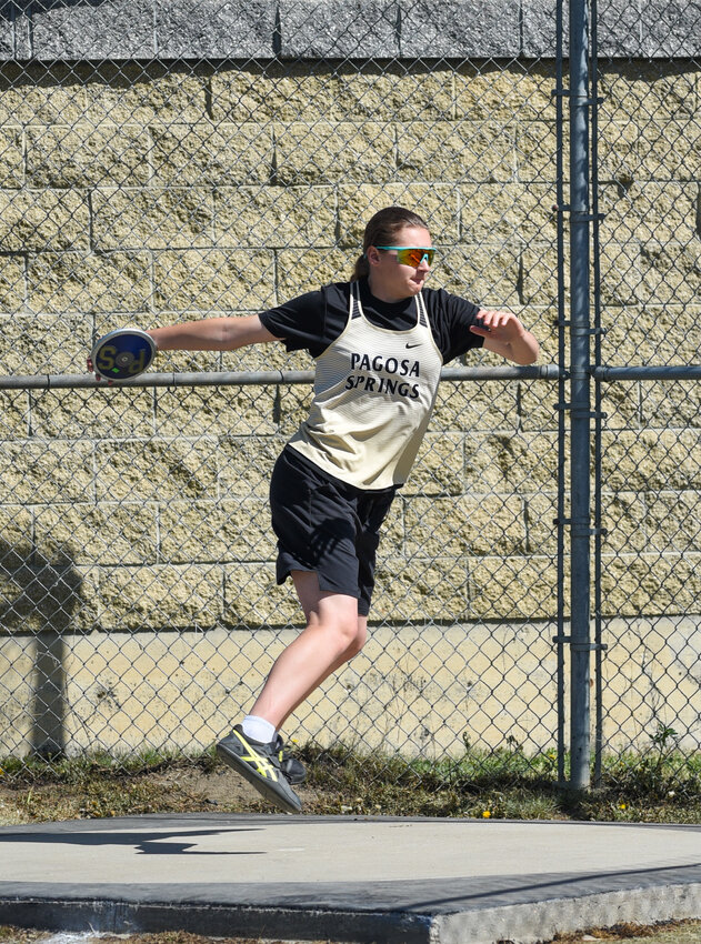 Lady Pirate Abigail Nehring throws during the discus competition at Saturday’s Terry Alley Invitational at Golden Peaks Stadium. Nehring took the top spot in the 3A rankings by throwing a distance of 121 feet, 6 inches to take first at the meet.
