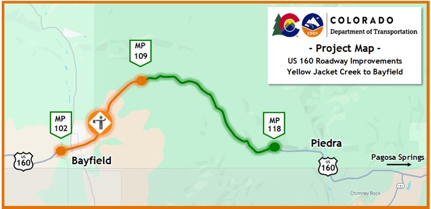 Colorado Department of Transportation U.S. 160 Roadway Improvements Project Map showing the completed section (green) and incomplete section (orange) of U.S. 160 chip seal operations between Yellow Jacket Creek and Bayfield (mile points 118 to 102).