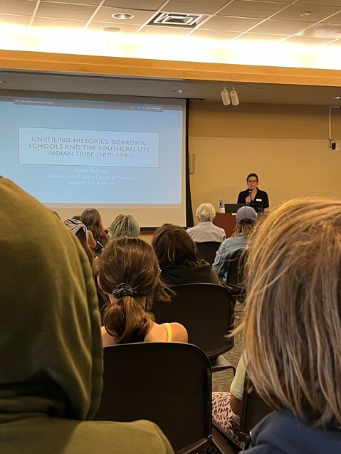 Pagosa Peak Open School students attend the “Unveiling Histories: Boarding Schools and the Southern Ute Indian Tribe” presentation in Durango on April 18.