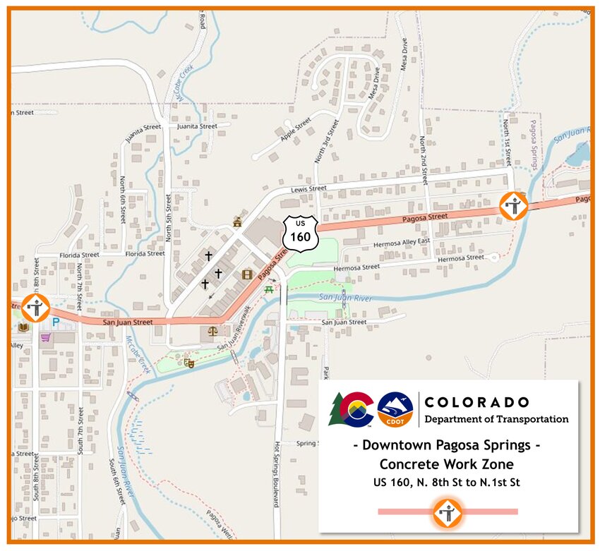 Colorado Department of Transportation map of the U.S. 160 concrete work zone in downtown Pagosa Springs between North 8th Street and North 1st Street.
