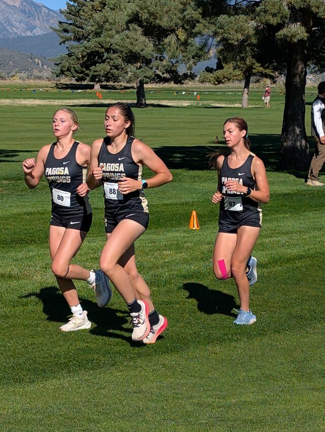 From left to right, Lady Pirates Lily DeClark, Madi Stretton and Lucy Rivera run at the Intermountain League XC Meet in Durango on Thursday, Oct. 8. The team took second, with Stretton taking sixth overall.