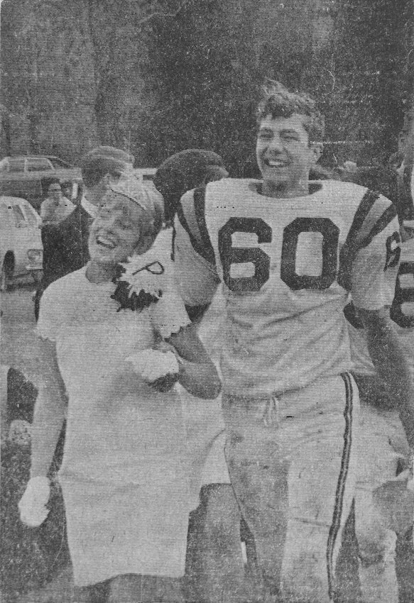 From the Oct. 3, 1968, Pagosa SUN &mdash; QUEEN AND ESCORT &ndash; Karen Hartong, homecoming queen, is escorted off the field by Scott Kleckner after being awarded the title at half time ceremonies. Miss Hartong was a representative of the junior class.