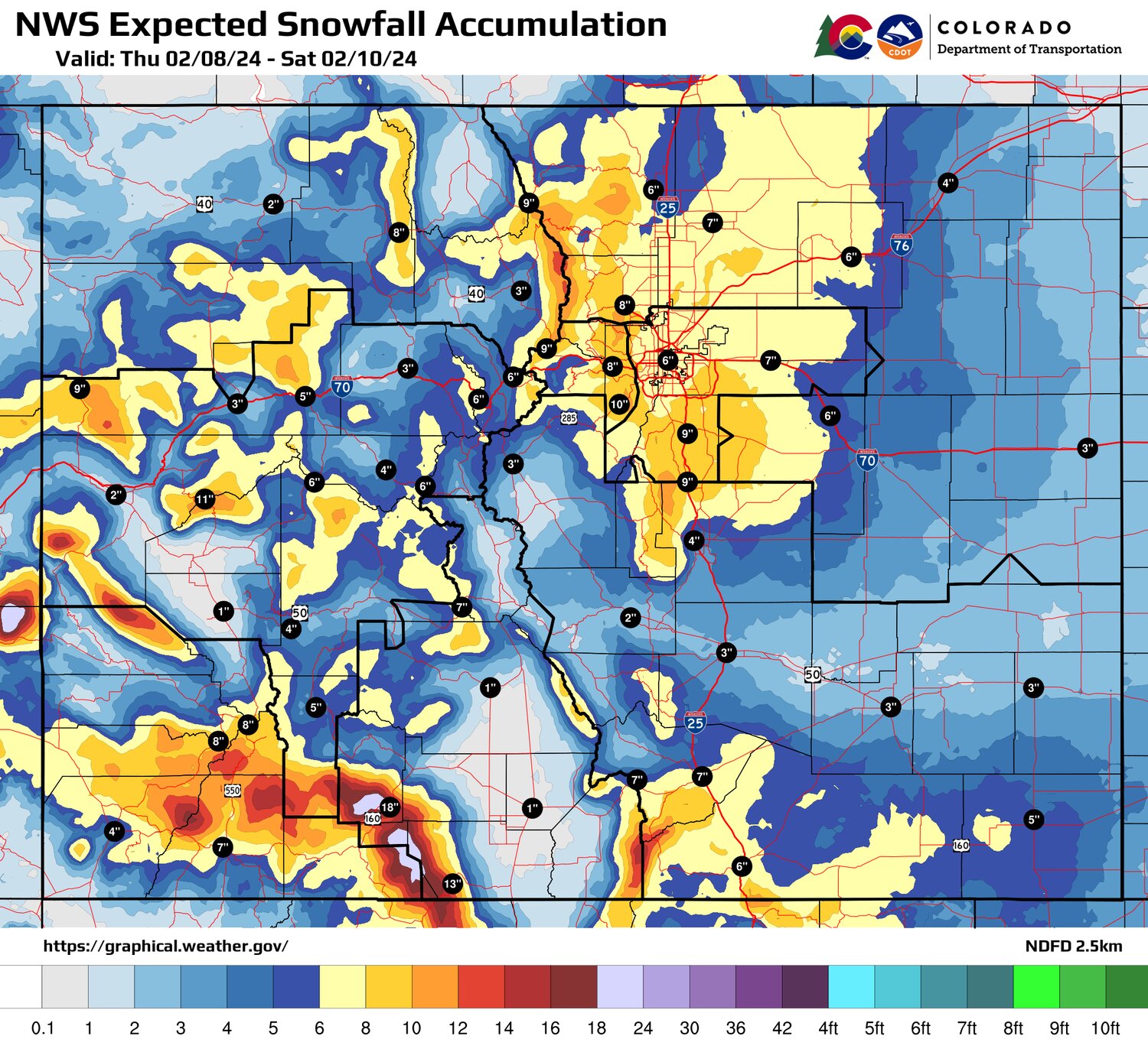 Colorado Department of Transportation and National Weather Service map expected snowfall accumulation map showing highway totals Thursday, Feb. 8, through Saturday, Feb. 10.