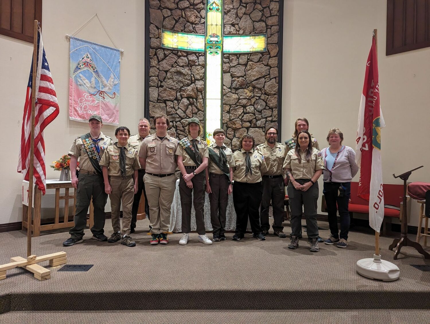 The Scouts from Boy Scout Troop 807 are recognized for their recent achievements at the Court of Honor on Jan. 29. The Scouts were recognized for advancing in rank and merit badges that have been completed. Pictured left to right are: Koltin Bassett, Skyler Zarate, Tim Walterscheid (assistant Scoutmaster), Davian Coss, Bennett Walterscheid, Bruce Kubelka, Milagro Munoz, David Zarate (assistant Scoutmaster), Peyton Jackson, Jennifer Walterscheid (Scoutmaster) and Julie Ashbaugh (advancement chair).
Troop 807 will be hosting its second annual fundraiser dinner on Feb. 24. The dinner will be held at the Community United Methodist Church at 5:30 p.m. If you are interested in attending, please RSVP to (970) 946-8687.