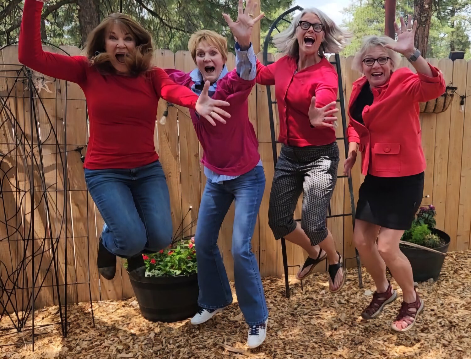 Coming back for their second year of the Runway for Rise event, the Radical, Radiant, Rotarians team members of Susan Geer, Pat Love, Cindi Galabota and Kirsten Bennett are jumping for joy at perfecting another amazing recycled outfit. The Rise Above Violence Fundraiser is set for Oct. 5.