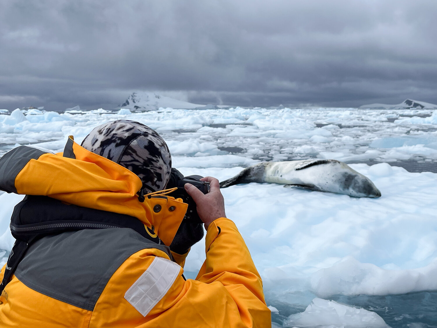 Chris Roebuck photographing a seal on an ice floe during one of his Antarctic journeys. Roebuck will be the featured speaker at the Pagosa Springs Photography Club meeting on Sept. 11.