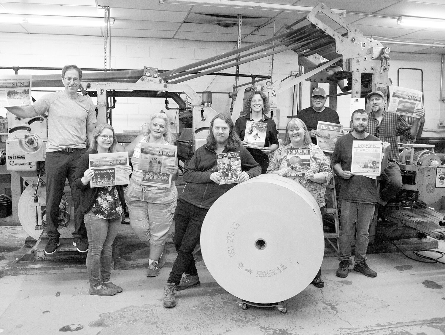 From the Sept. 7, 2023, Pagosa SUN ­— SUN staff poses with publisher Jim O’Rourke following The SUN’s acquisition by O’Rourke Media Group. From left to right are O’Rourke, Randi Pierce, Teresa Watkins, Josh Pike, Hailey Sams, Shari Pierce, Robert Penton, Matt McKinnon and Derek Kutzer. Not pictured are Missy Phelan and Monica Nigon.