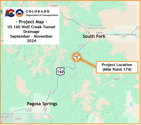 Colorado Department of Transportation project map of the U.S. 160 Wolf Creek tunnel drainage work taking place September through November between South Fork and Pagosa Springs (mile post 174).