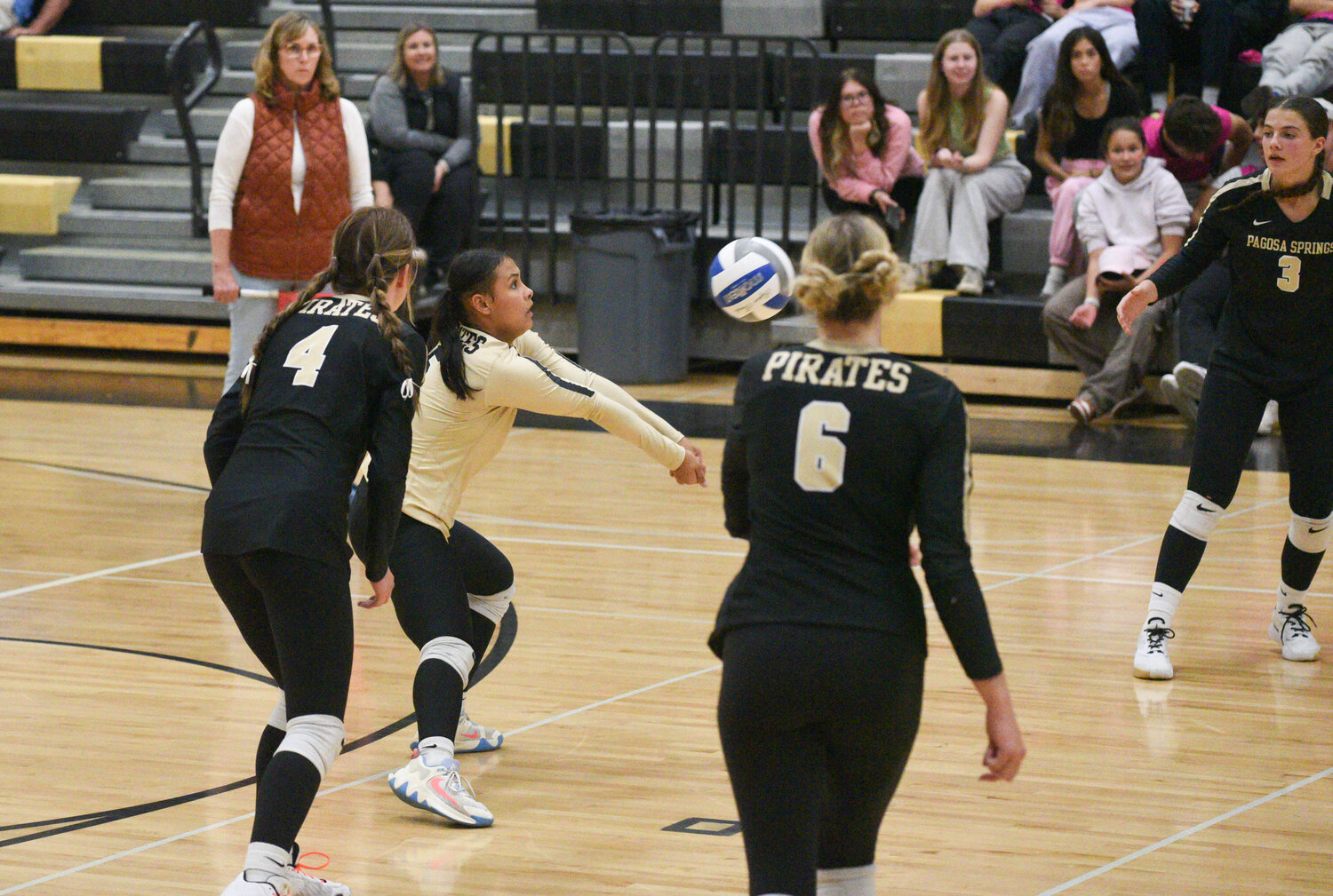 Lady Pirate Charity Domingo receives the ball from Monte Vista during Pagosa&rsquo;s win over the visiting Pirates Tuesday. Pagosa moved to a 9-9 season record with the win.