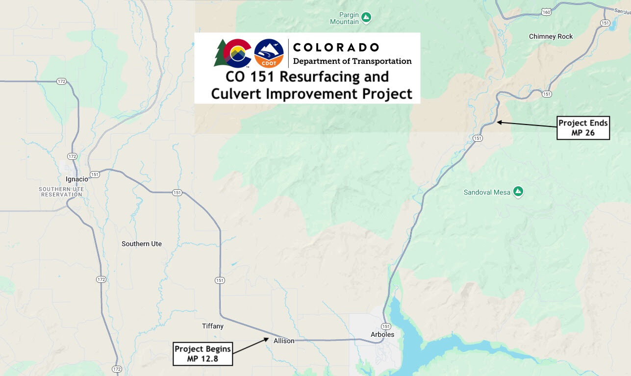 A map image of the Colo. 151 work zone area east of Ignacio, from mile point 12.8 to mile point 26.