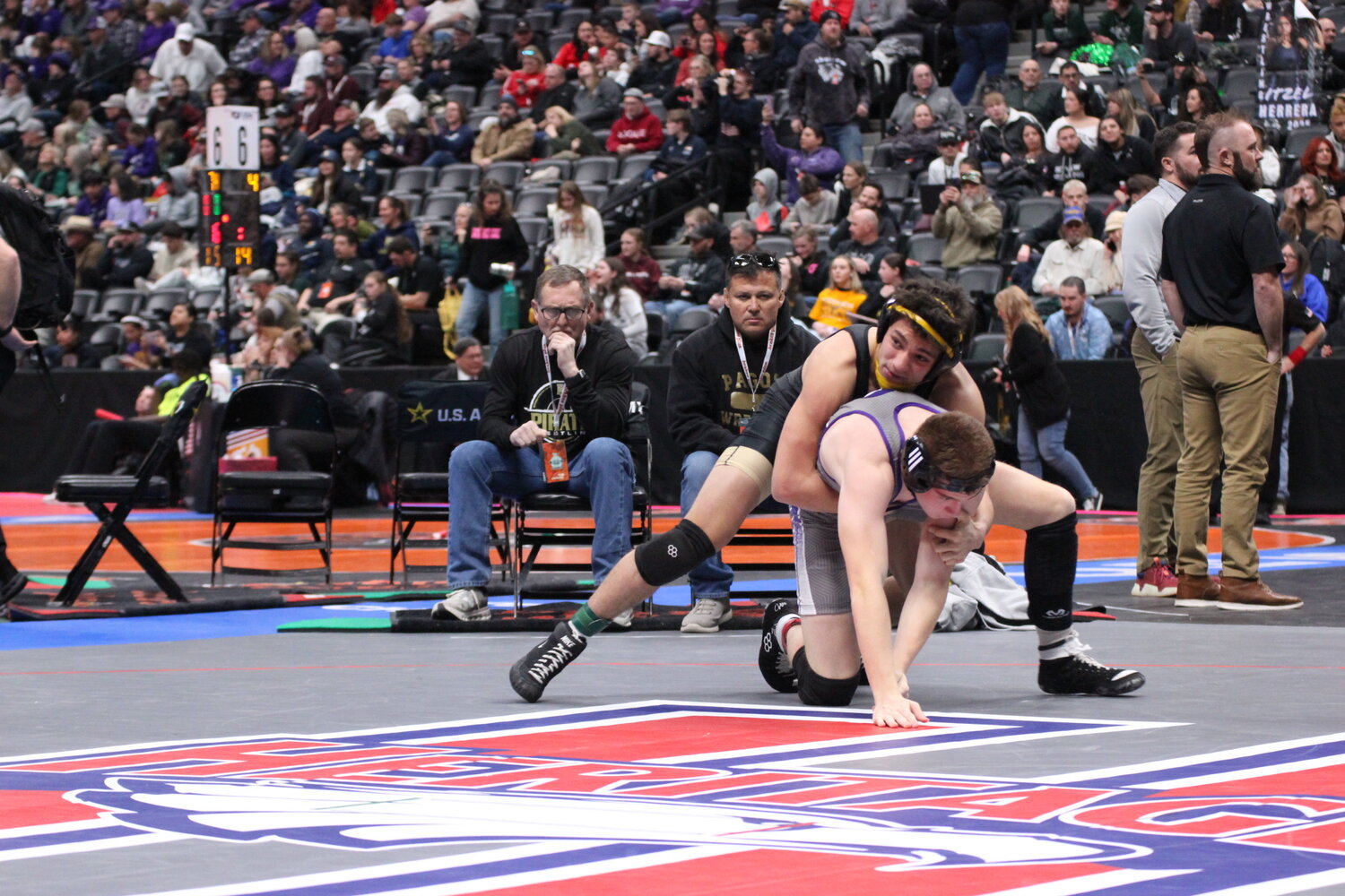 Colton Lucero battles with an opponent in the 144-pound weight class during last week&rsquo;s state wrestling tournament in Denver. Lucero took second in his division, becoming the 38th Pirate to reach a state final championship match.