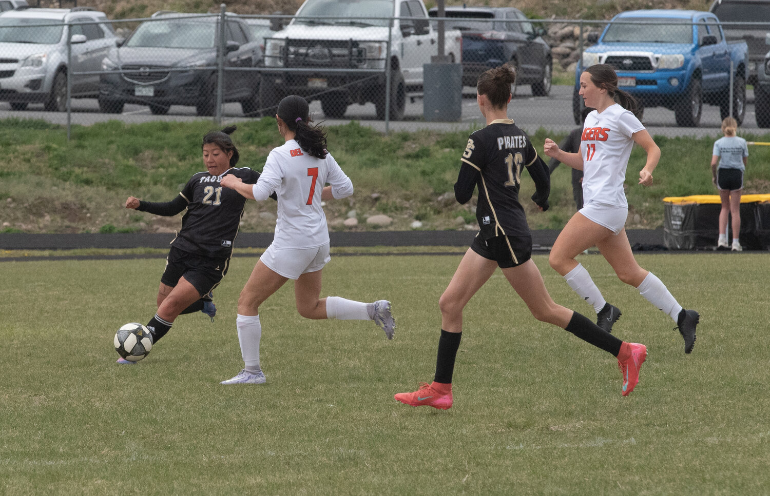 Lady Pirate Morgan Galloway looks to halt Del Norte&rsquo;s progress and send the ball upfield during the team&rsquo;s 5-0 win over the Tigers on May 1.