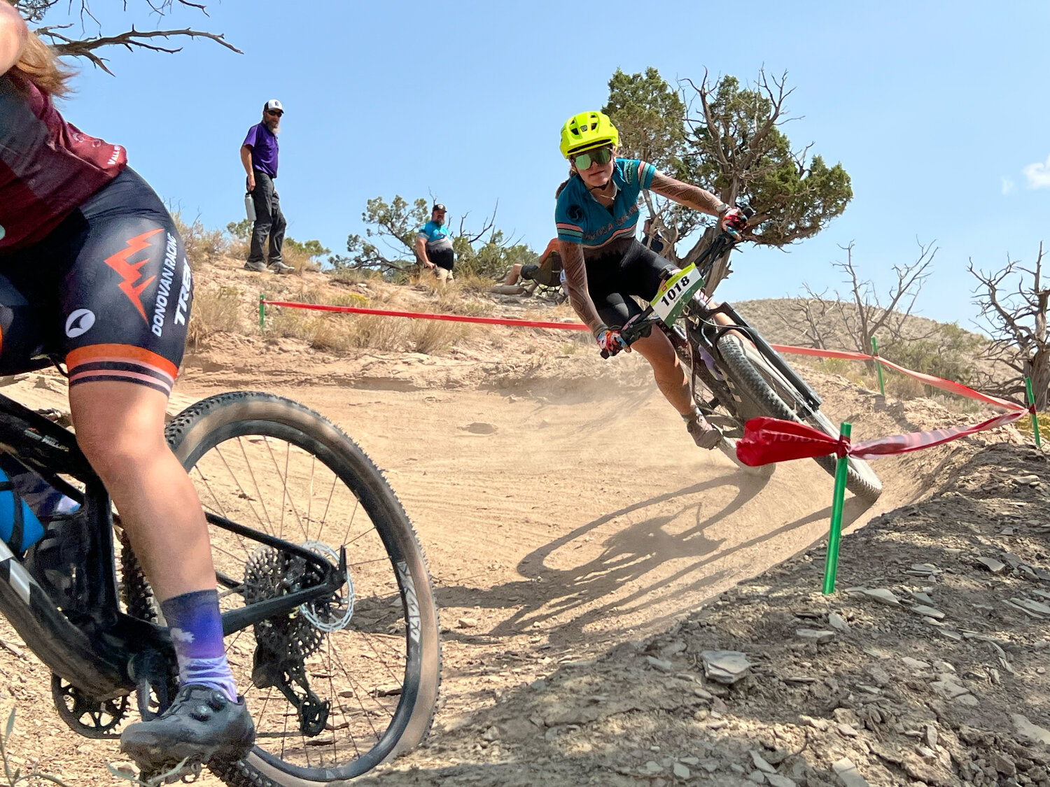 Junior Adelyn Hittle pursues another rider down the corkscrew, eventually passing her to finish in 11th in the girls&rsquo; varsity category at the Haymaker Classic in Eagle on Sept. 6.