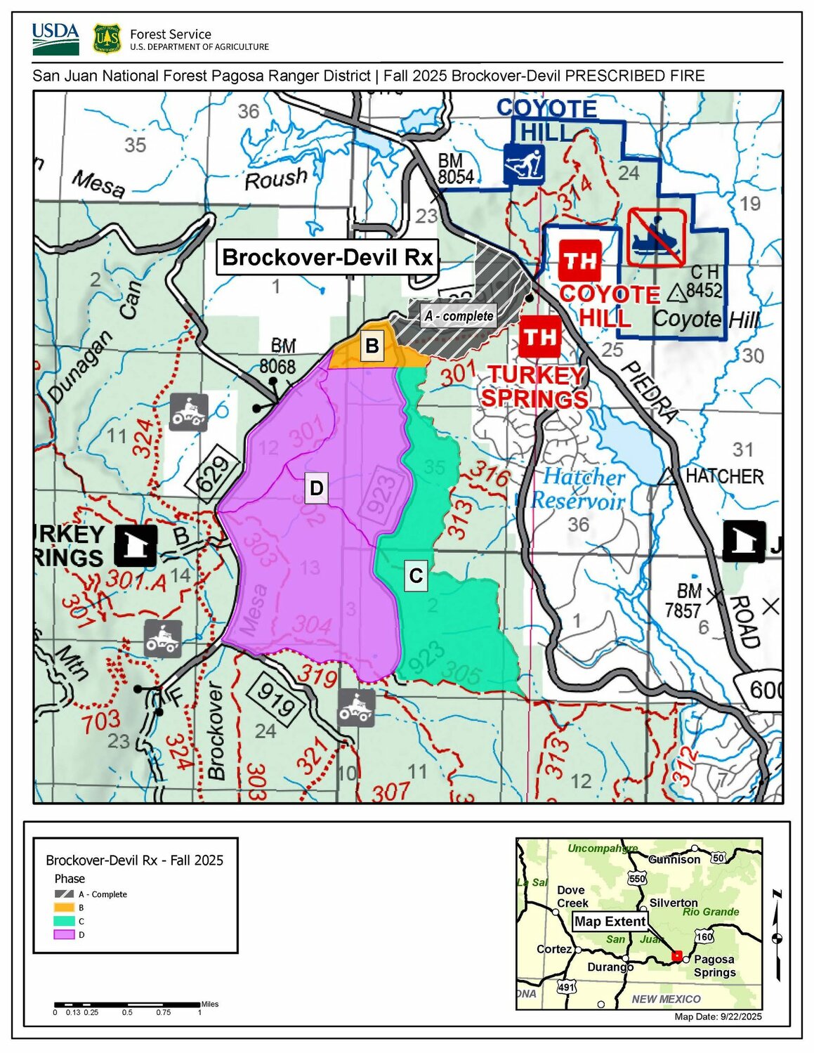 The above map details the Pagosa Ranger District's fall 2025 prescribed fire units in the Turkey Springs area. Phase A is complete. Phase B is plan for ignitions on Sept. 25. Phases C and D will be implemented when weather and fuels conditions align.