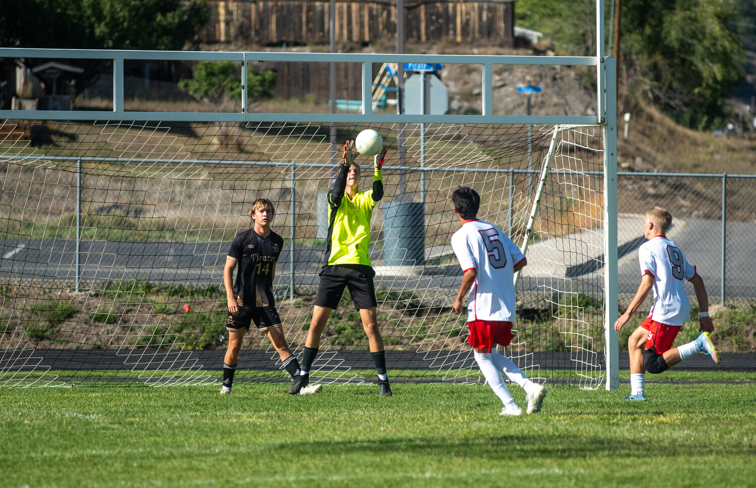 Pirate keeper Ethan Bracken makes a save during the Pirates&rsquo; shutout victory over the Grand Junction Central Warriors on Sept. 18. The Pirates won 3-0 and now hold a 7-1 record on the season.