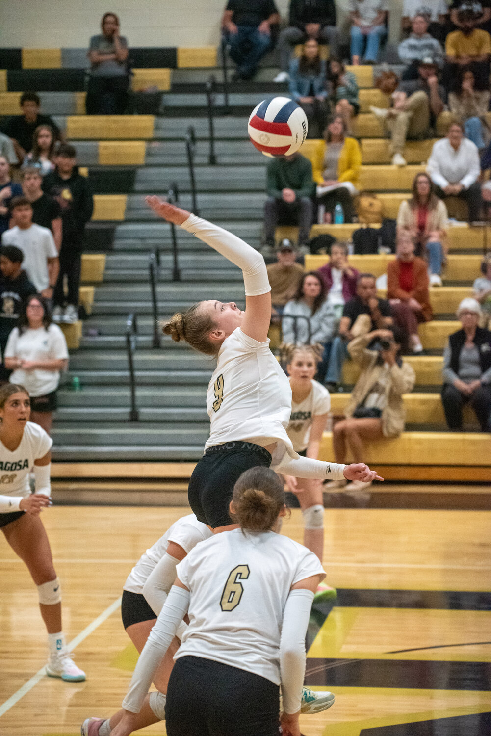 Lady Pirate Avea Bruce sends the ball over the net Tuesday evening against the Montezuma-Cortez Panthers. The Lady Pirates lost the home matchup, with Bruce contributing five kills.