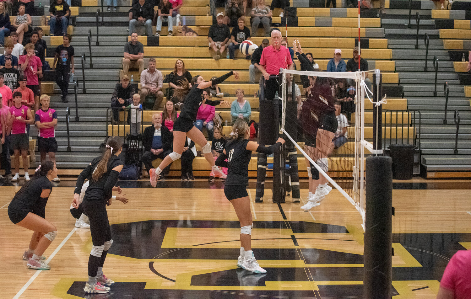 Lady Pirate Lexi Campbell sends the ball into Mean Moose territory on Thursday, Oct. 2. Campbell led the team with five kills against Alamosa.