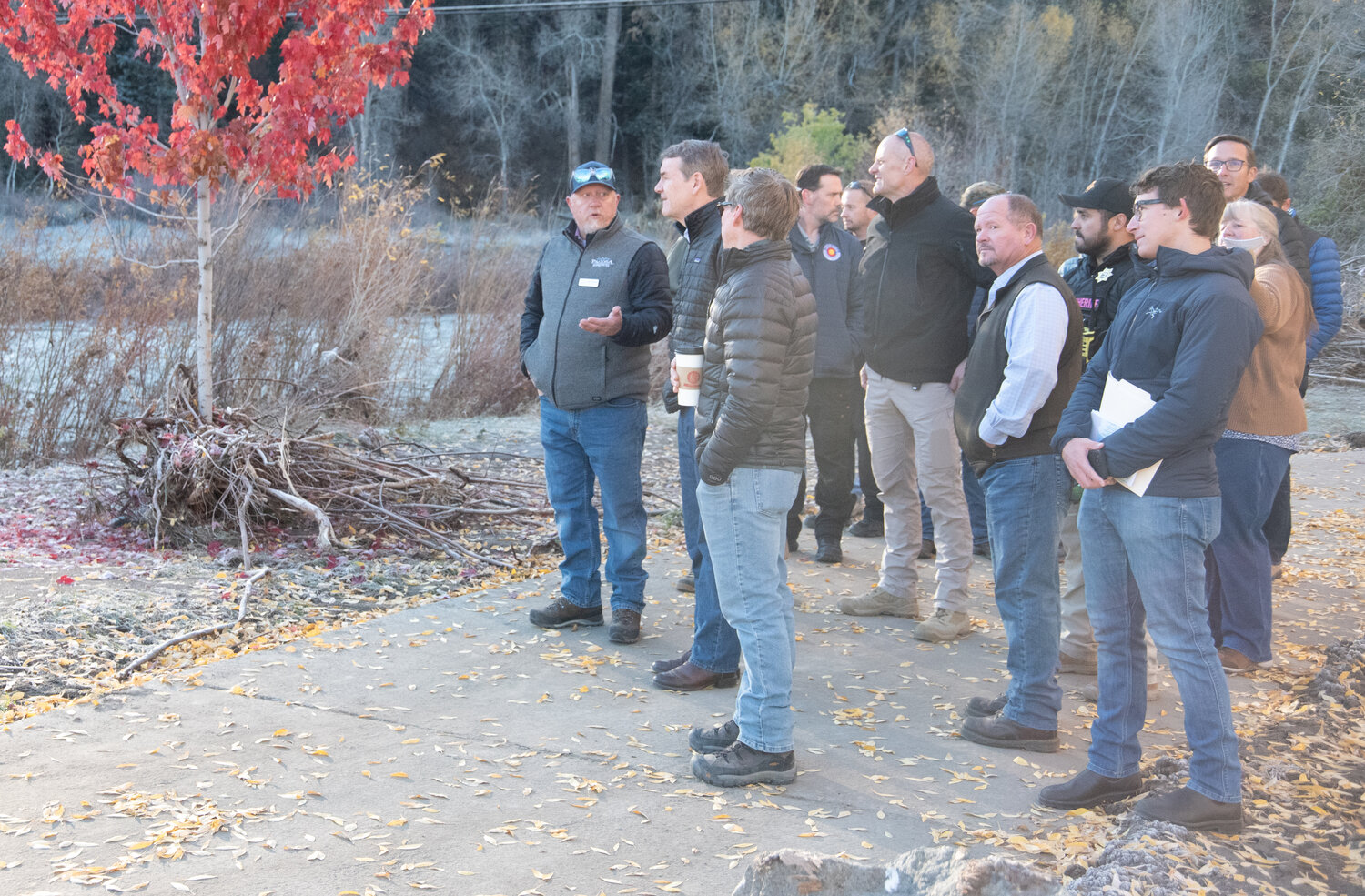 Sen. Michael Bennet visits Pagosa Springs on Saturday morning, Oct. 18, to tour an area of downtown Pagosa Springs and see and hear about damage from the recent floods. Also in attendance were town and county staff and elected officials, representatives of the Colorado Division of Homeland Security and Emergency Management, La Plata County Commissioner Matt Salka and other staff from Bennet&rsquo;s office.