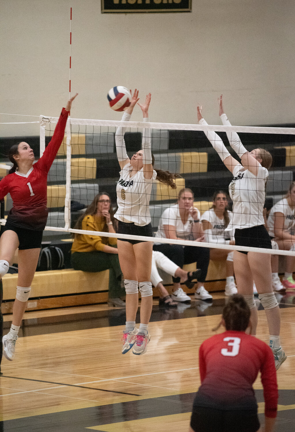 Lady Pirate Hayden Peterson goes up for a block against the Centauri Falcons on Thursday, Oct. 23. Peterson had two assisted blocks in the matchup, with the coach highlighting her part in the team&rsquo;s &ldquo;power defense and big plays.&rdquo;