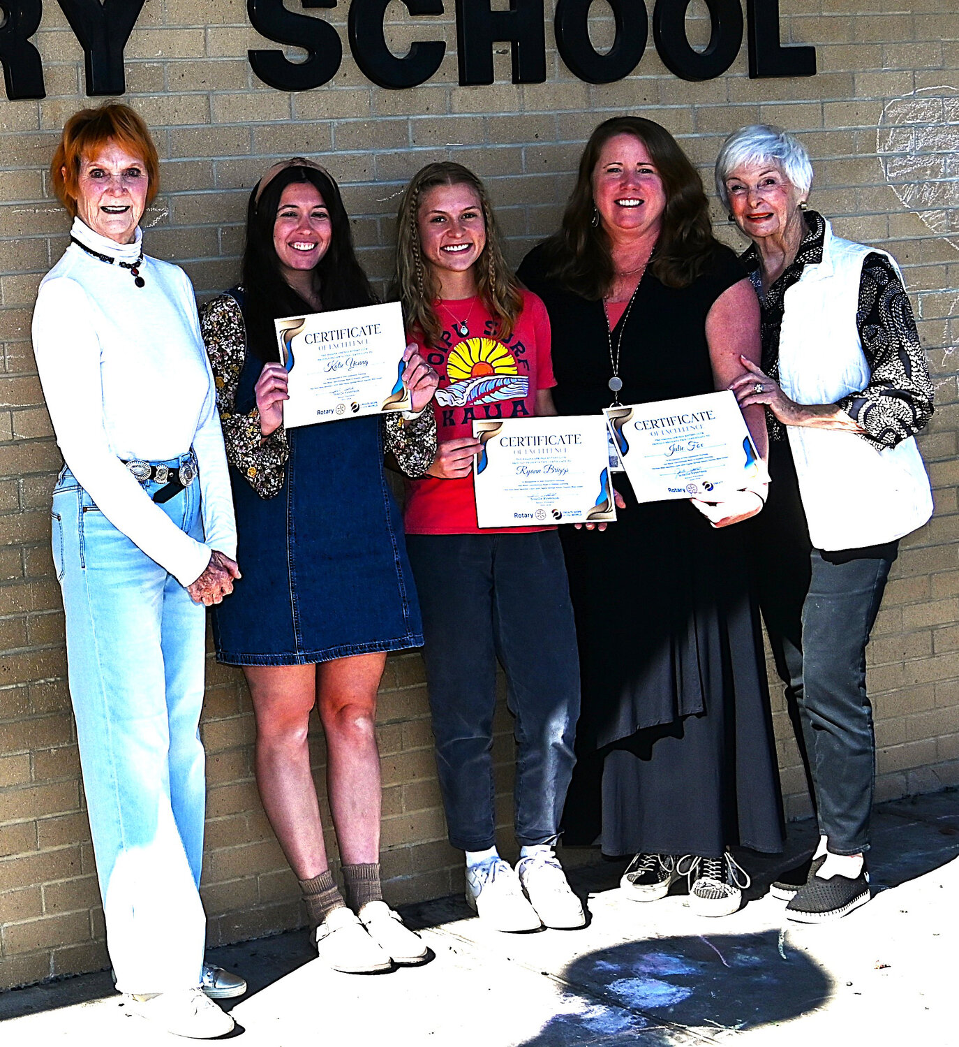 Pagosa Springs Elementary School teachers (center left to right) Katie Young, Ryann Briggs and Julie Fox celebrate receiving Rotary Teacher Mini Grants from Pat Love (left) and CiCi Stuart (right) that will spark curiosity, creativity and connection in their classrooms &mdash; from STEM exploration to bilingual literacy and preschool play.