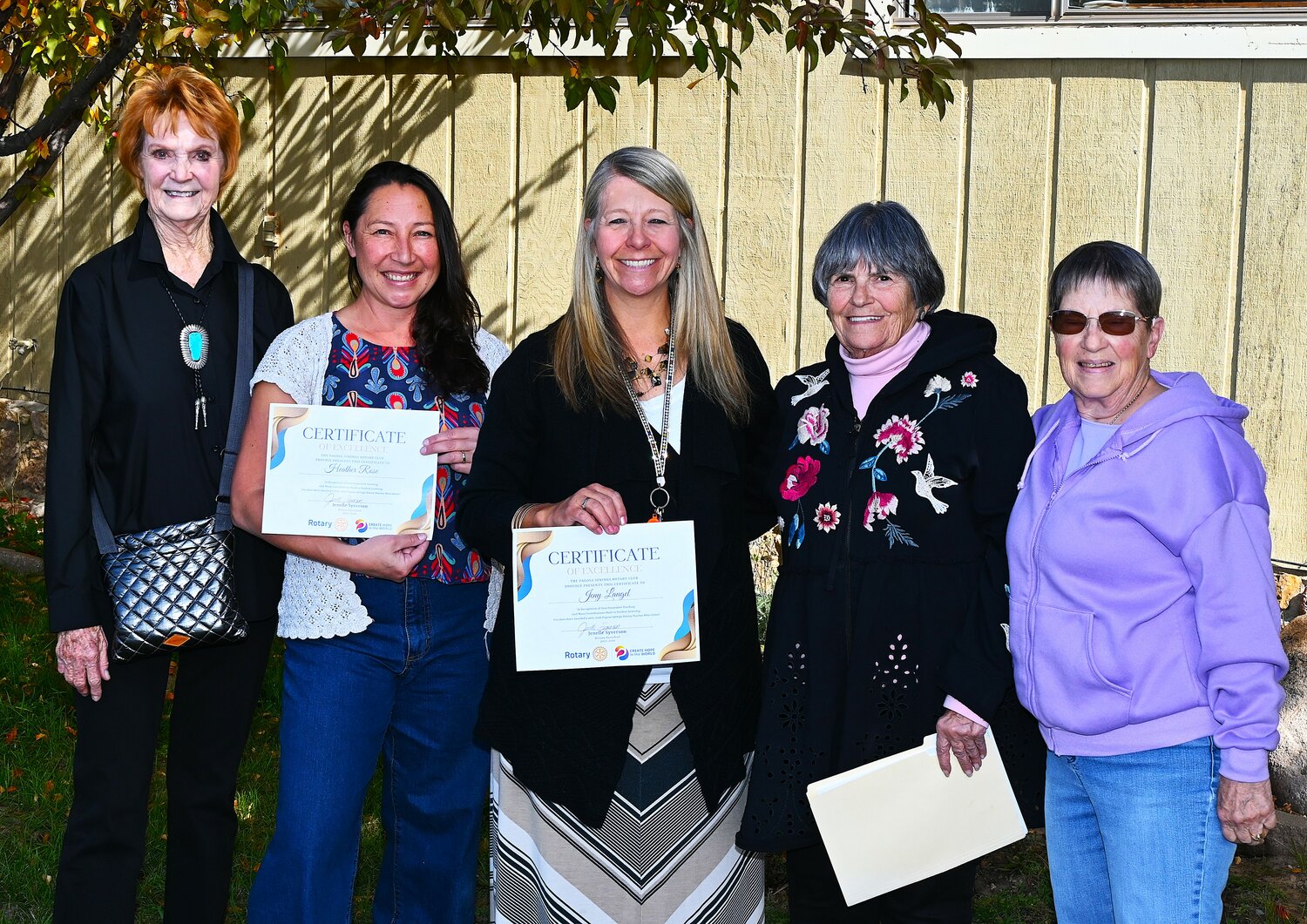 Teachers Heather Rose and Jeny Laugel of Pagosa Valor Academy bring color, creativity and hands-on learning to students through &ldquo;art-on-the-go&rdquo; and engaging math and measurement projects &mdash; made possible by Rotary Mini Grant funding. Pictured, left to right, are Rotarian Pat Love, Rose, Laugel, and Rotarians Melanie Garrett and Helen Richardson.