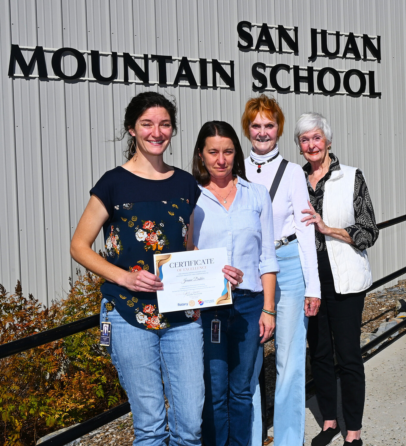 Jeanne Dahler (left), art teacher at San Juan Mountain School, and Principal Stewart Bellina will purchase a new sewing machine with funds made possible through a Rotary Mini Grant, helping students stitch together creativity and craftsmanship. They are pictured with Rotarians Pat Love and CiCi Stuart.
