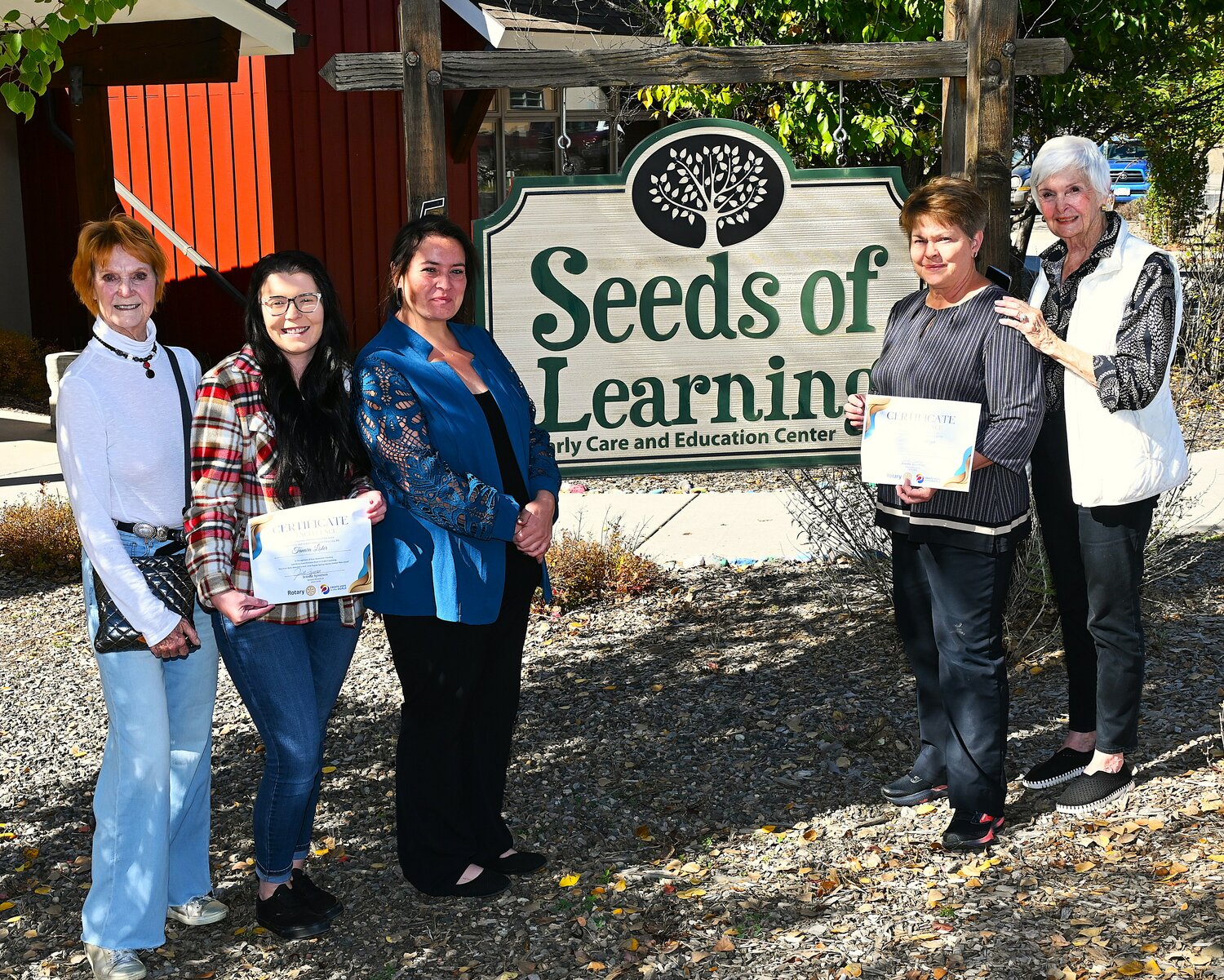 At Seeds of Learning, teachers are putting Rotary Mini Grants to work to enhance sensory learning and imaginative play for Pagosa&rsquo;s youngest learners. Pictured, left to right, are Rotarian Pat Love, Tanara Lister, school executive director Emily Martinez, Jennifer Montoya and Rotarian CiCi Stuart.
